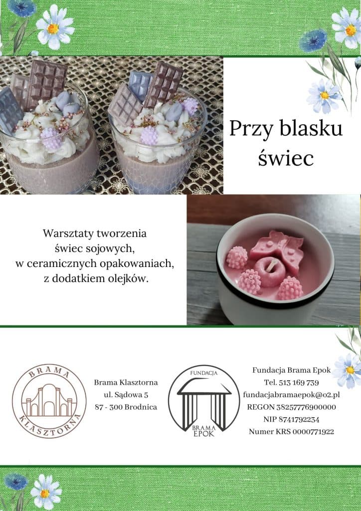 Plakat warsztatów „Przy blasku świec” Fundacji Brama Epok – dekorowane świece sojowe w szklanych i ceramicznych naczyniach
