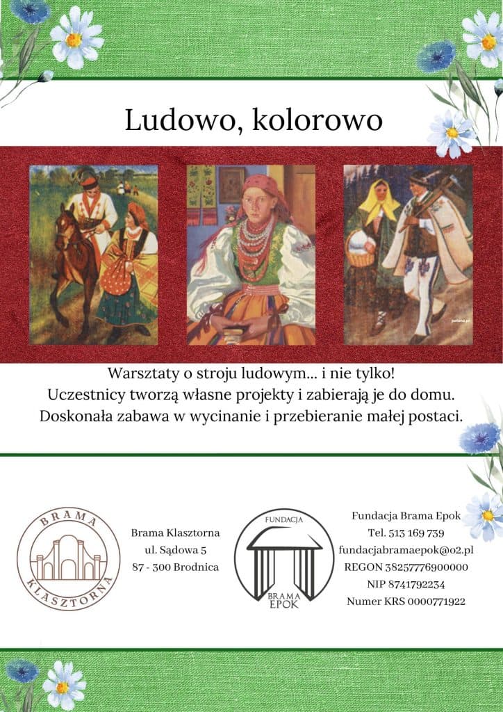 Plakat warsztatów „Ludowo, kolorowo” Fundacji Brama Epok – ilustracje postaci w strojach ludowych