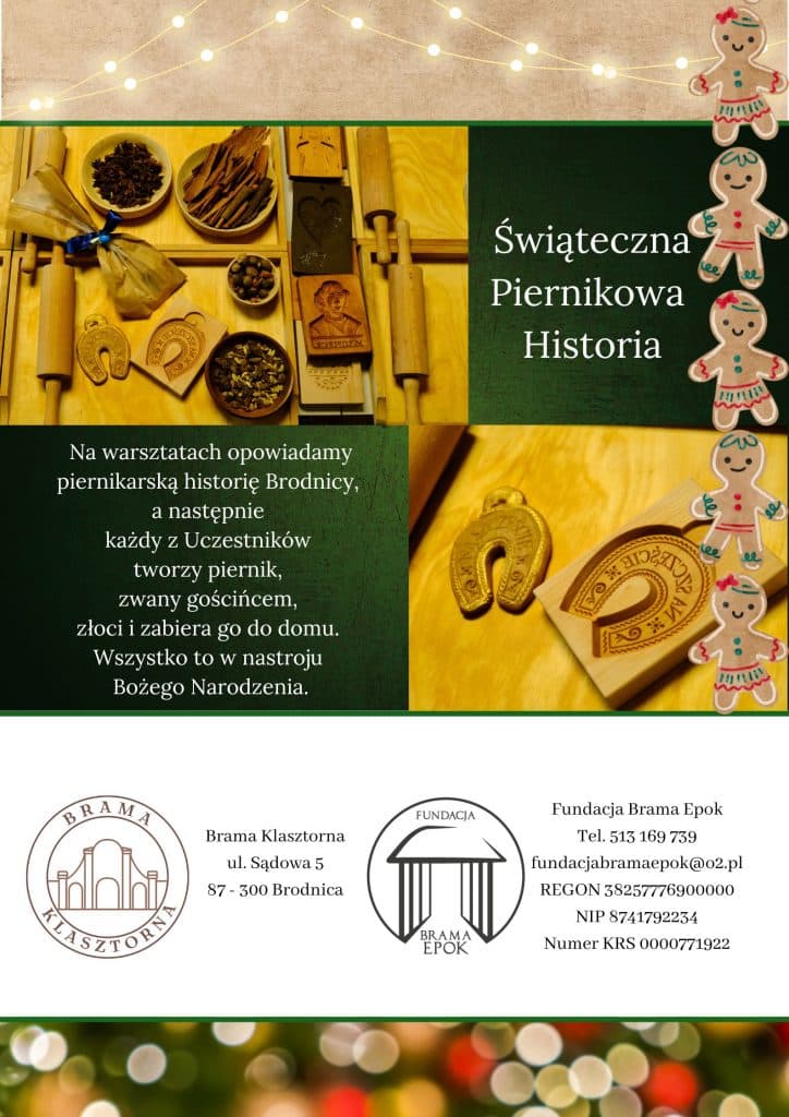 Plakat warsztatów „Świąteczna Piernikowa Historia” Fundacji Brama Epok – formy piernikarskie i przyprawy w świątecznym nastroju