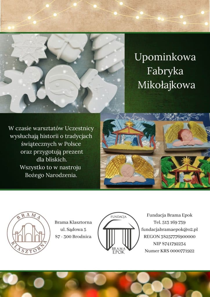 Plakat warsztatów „Upominkowa Fabryka Mikołajkowa” Fundacji Brama Epok – gipsowe ozdoby świąteczne i malowane aniołki
